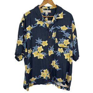 Bungalow Brand Silk Hawaiian Blue Yellow Floral Button Down Shirt Men's XL GUC